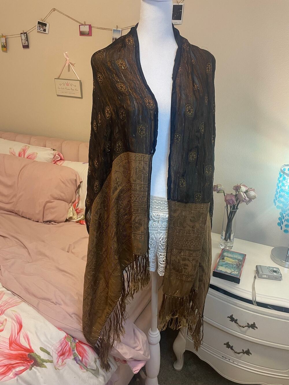 brown metallic boho scarf with fringe